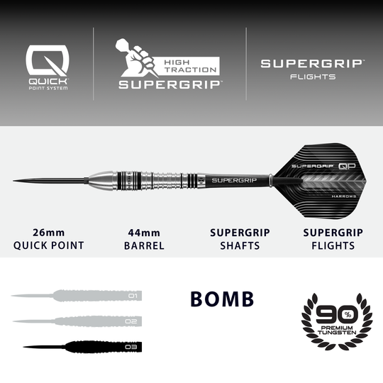 Dies ist ein Bild der Harrows Supergrip Bomb Quick Point Steeldarts. Die Steeldarts zeichnen sich durch ihren besonders guten Grip aus.