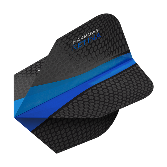 HR5510_Harrows_Retina_Blau_No2_Standard_Flights_2 Das Bild zeigt ein Harrows Retina Blau No6 Dart-Flights. Das Flight ist schwarz mit einem blauen Streifen und einer wabenartigen Struktur versehen.
