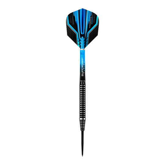 Harrows Siege Steeldarts Das Bild zeigt einen Harrows Siege Steeldart mit einem modernen, blauen Design. Der Dartpfeil besitzt eine geriffelte Griffzone und einen schwarzen Stahlspitze.