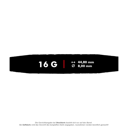 Das Bild zeigt die Produktinformationen zu den McDart 85er Tungsten V6 Softdarts mit einem Gewicht von 16 Gramm. Die Darts sind 44,80 mm lang und haben einen Durchmesser von 8,00 mm.
