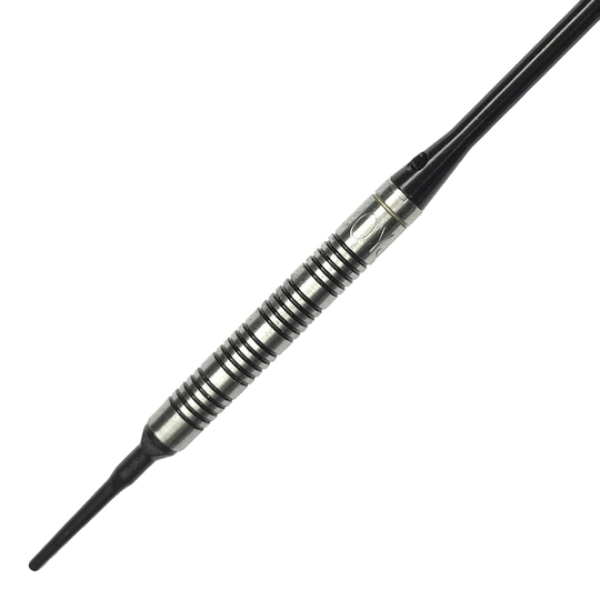 McDart 85 Tungsten V17 Softdarts - 16.5g Das Bild zeigt einen McDart 85er Tungsten V17 Softdart mit einem Gewicht von 16,5g. Der Dart hat ein silber-schwarzes, griffiges Barrel und eine schwarze Spitze.