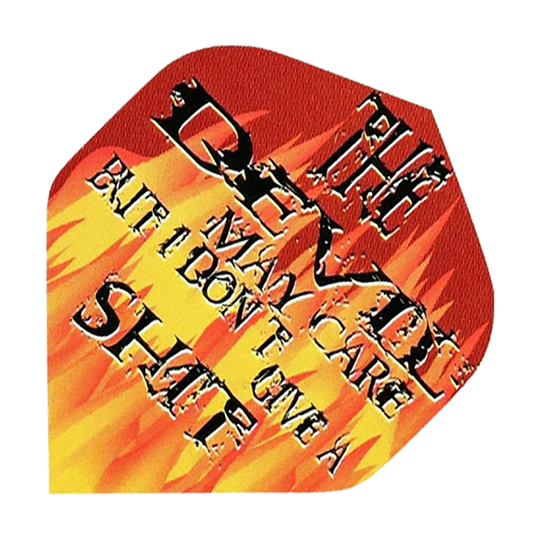 Pentathlon Flights The Devil May Care Das Bild zeigt ein Dart-Flight mit Flammenmotiv und auffälligem Schriftzug. Auf dem Flight steht: "THE DEVIL MAY CARE BUT I DON'T GIVE A SHITE".