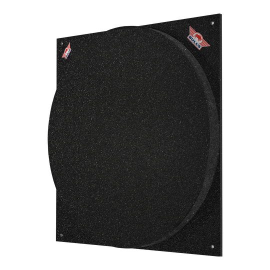 Bulls NL Dartboard Silencer Das Bild zeigt das Produkt "Bulls NL Dartboard Silencer". Es handelt sich um eine schwarze Schallschutzmatte für eine Dartscheibe.