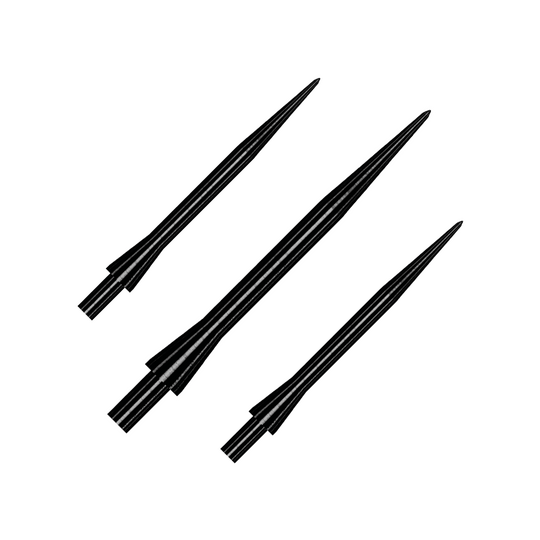 Winmau Velocity Black steel dart tips - 30mm Das Bild zeigt drei schwarze Steeldartspitzen des Modells "Winmau Velocity Black" in 30 mm Länge. Die Spitzen sind spitz zulaufend und metallisch glänzend.