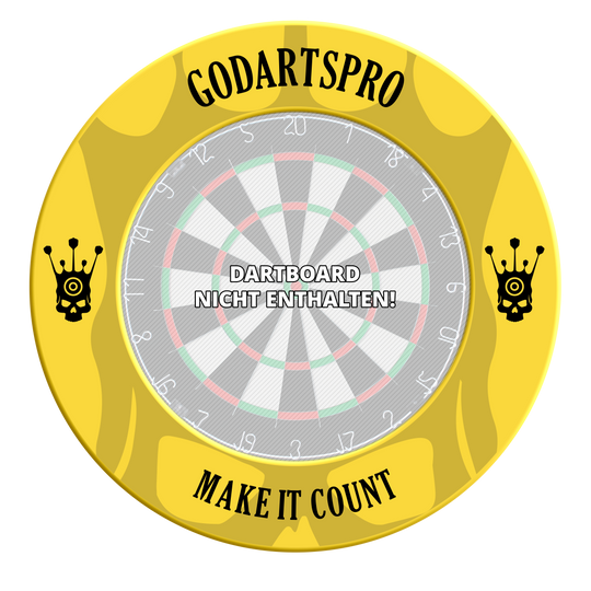 Abgebildet ist ein gelber Dartboard-Surround aus der GoDartsPro-Serie. Das Produkt bietet Schutz für die Wand und das Dartboard.