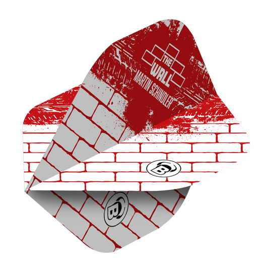 Bulls Metrixx Martin Schindler White Red No2 Standard Flights Das Bild zeigt ein Dartflight im roten und weißen Ziegelstein-Design mit der Aufschrift "The Wall Martin Schindler". Das Produkt ist ein Bulls Metrixx Martin Schindler White Red No2 Standard Flight.