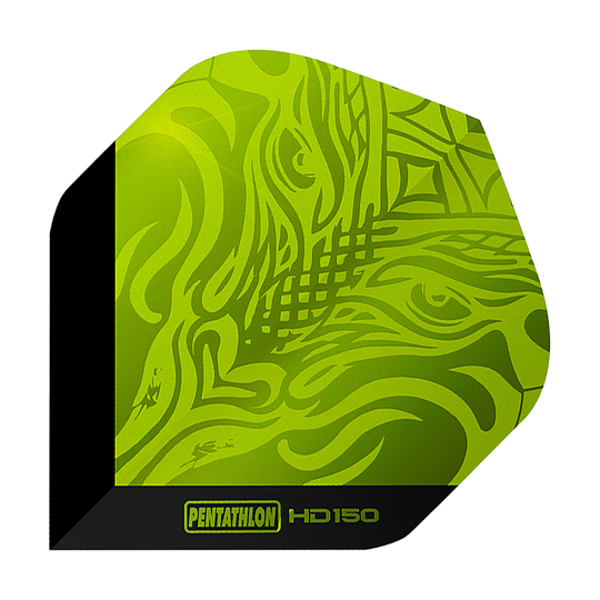 Pentathlon HD150 Metallic Green Standard Flights Das Bild zeigt ein Dart-Flight mit dem Namen "Pentathlon HD150 Metallic Grün Standard Flights". Das Flight ist grün mit einem abstrakten Muster und hat am Rand einen schwarzen Streifen mit gelber Schrift.