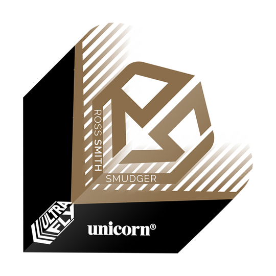 Unicorn Ultrafly 100 Ross Smith Plus Flights Das Bild zeigt ein Dartflight mit dem Namen "Unicorn Ultrafly 100 Ross Smith Plus Flights". Es ist in Schwarz, Weiß und Gold gestaltet und trägt den Namen "Ross Smith" sowie das Logo "Unicorn".