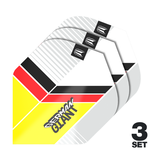 Target Pro Ultra Gabriel Clemens No2 Standard Flights - 3 Sets Das Bild zeigt drei Sätze der "Target Pro Ultra Gabriel Clemens No2 Standard Flights". Die Flights sind im Design der deutschen Flagge gehalten und tragen den Schriftzug "German Giant".