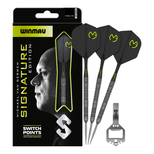 Das Bild zeigt die Winmau MvG Signature Edition Switch Points Steeldarts. Es handelt sich um hochwertige Steeldarts speziell für Profis und Sammler.