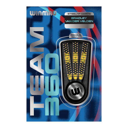 Winmau Team 360 Bradley Van Der Velden Steel Darts - 22g Abgebildet sind die Winmau Team 360 Bradley Van Der Velden Steeldarts - 22g. Das Foto hebt die Form und Verarbeitung der Darts hervor.
