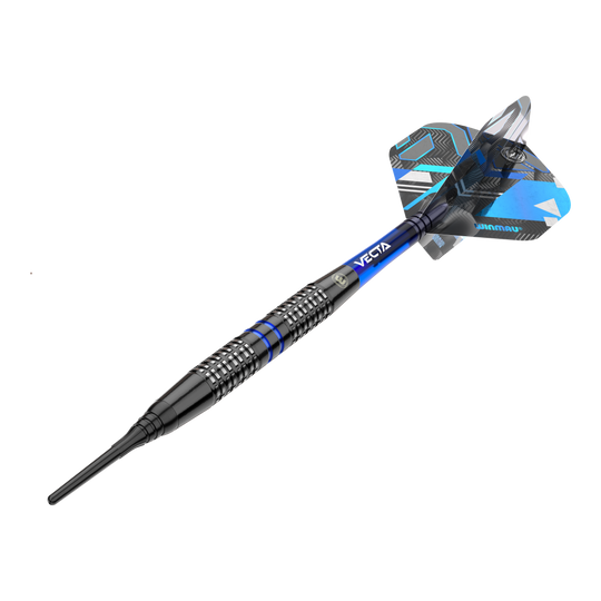 Winmau Galactics soft darts - 20g Das Bild zeigt einen Winmau Galactics Softdart mit einem Gewicht von 20 Gramm. Der Dart ist überwiegend schwarz mit blauen Akzenten und verfügt über ein modernes Design.