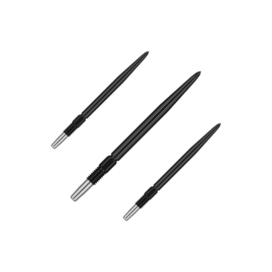 Target Swiss Point Black dart tips Schwarze Dartspitzen mit matter Fläche werden als Set präsentiert. Mehrere Spitzen sind nebeneinander gruppiert.