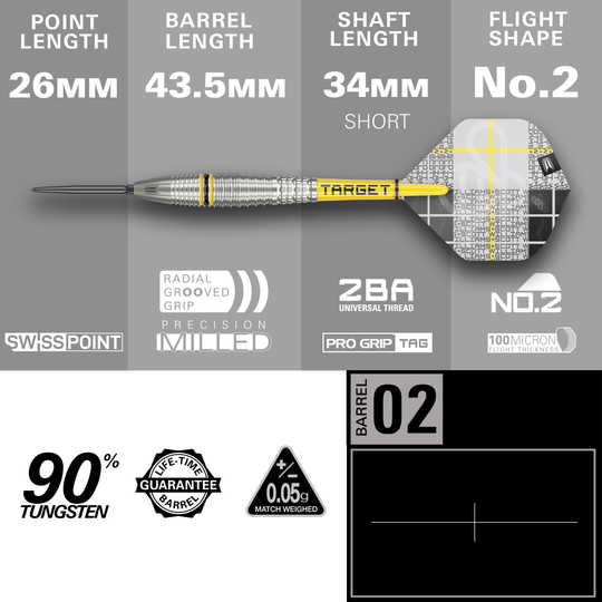 Das Bild zeigt den Target Scott Williams GEN2 Swiss Point Steeldart mit technischen Angaben zu den einzelnen Komponenten. Die wichtigsten Merkmale sind 26 mm Spitzenlänge, 43,5 mm Barrel-Länge, 34 mm Schaftlänge und 90 % Tungsten-Anteil.