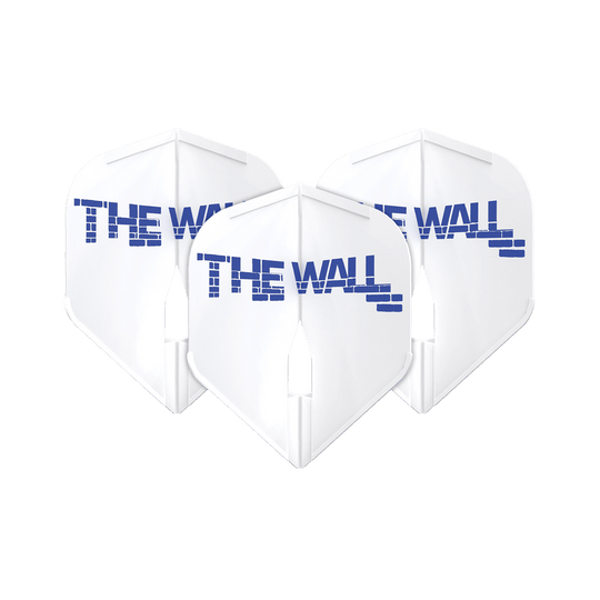 L-Style Martin Schindler White L1PRO Flights Das Bild zeigt drei weiße Dartflights mit der Aufschrift "THE WALL" in blauer Schrift. Die Flights sind das Modell "L-Style Martin Schindler Weiß L1PRO".