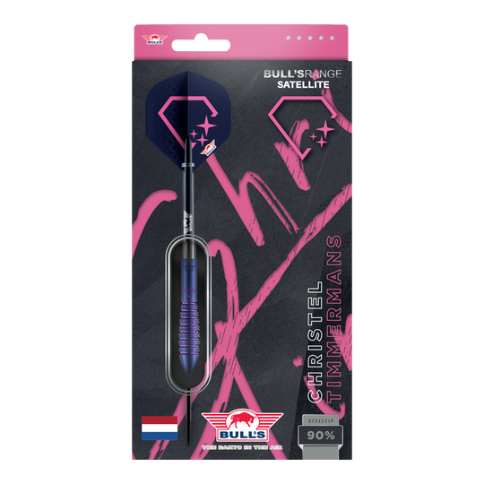 Bulls NL Christel Timmermans Satellite 90 steel darts 25g Die Bulls NL Christel Timmermans Satellite 90 Steeldarts 25g sind auf dem Bild abgebildet. Es handelt sich um hochwertige Steeldarts für Präzision und Leistung.