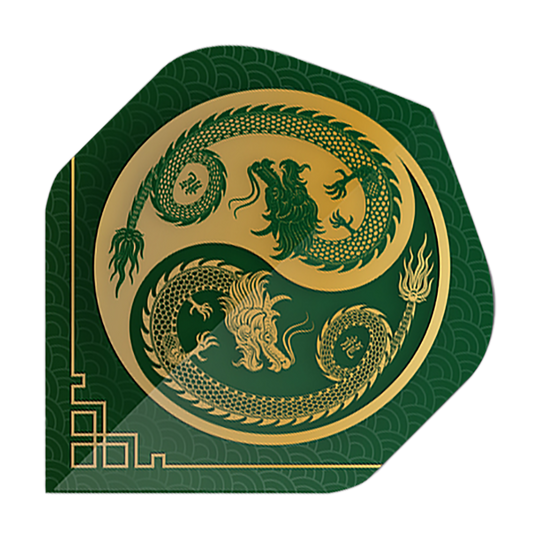 Pentathlon Flights Dragon green Das Bild zeigt einen Pentathlon Dragon 3 Standard Flight in Grün mit einem goldenen Drachenmotiv. Das Design ist detailreich und erinnert an ein asiatisches Kunstwerk.