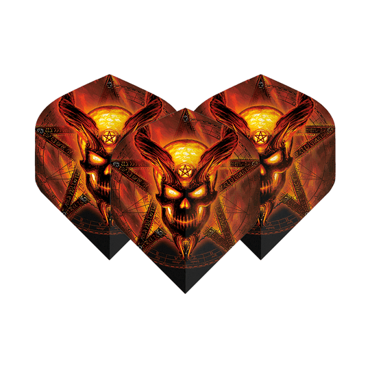 Die Abbildung zeigt drei Dart-Flights mit einem brennenden, dämonischen Totenkopf-Design vor einem Pentagramm. Die Farben sind hauptsächlich feuriges Rot und Gelb, was dem Produkt ein auffälliges und dramatisches Aussehen verleiht.