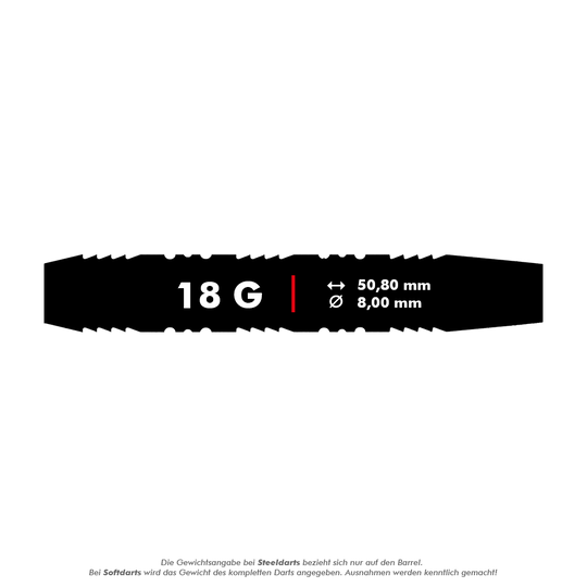 2236_Winmau_Outrage_V2_Black_Coated_Softdarts_5_18g Das Bild zeigt die Produktdaten der "Winmau Outrage V2 Black Coated Brass Softdarts - 18g". Die Darts wiegen 18 Gramm und haben eine Länge von 50,80 mm sowie einen Durchmesser von 8,00 mm.