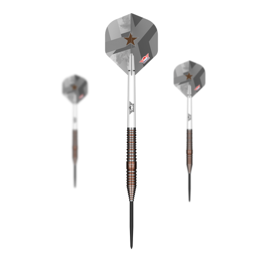 Bulls NL Max Hopp E5 steel darts Hier sind Bulls NL Max Hopp E5 Steeldarts als Set dargestellt. Die Pfeile sind speziell für das Steeldartspiel konzipiert.