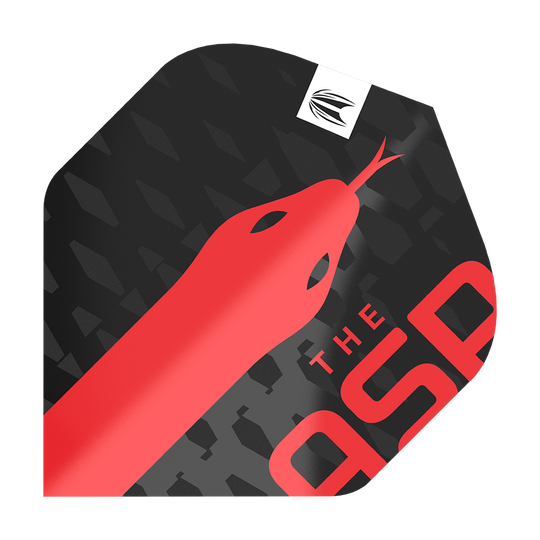 Das Bild zeigt ein Dartflight-Design mit einem roten Schlangenmotiv auf schwarzem Hintergrund. In einer Ecke steht der Text "THE ASP" in roten Buchstaben.
