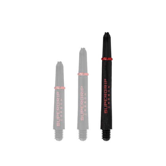HR359_Harrows_Supergrip_Carbon_Shafts_Rot_47mm_1 Das Bild zeigt drei schwarze Dartschäfte der Marke Harrows Supergrip Carbon mit roter Aufschrift. Die Schäfte sind in unterschiedlichen Längen dargestellt.