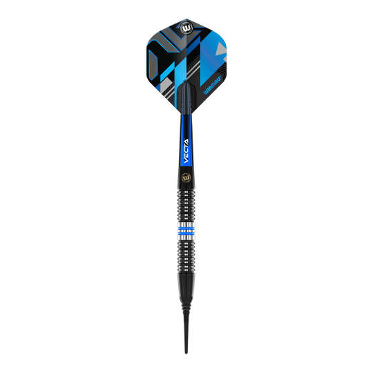 Winmau Galactics soft darts - 20g Das Bild zeigt einen Winmau Galactics Softdart mit einem Gewicht von 20 Gramm. Der Dart hat schwarze, blaue und silberne Akzente sowie eine moderne, geometrische Flight-Gestaltung.