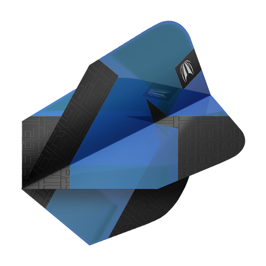 Das Bild zeigt einen blauen Dartflight mit schwarzen Mustern und einem kleinen silbernen Logo. Es handelt sich um das Produkt "Target Pro Ultra TAG Blau Ten-X Standard Flights - 3 Sets".