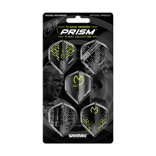 8124_Winmau_MvG_Prism_Flight_Pack_V2_1 Das Bild zeigt das Produkt „Winmau MvG Prism Flight Pack 2“, das fünf verschiedene Dart-Flights enthält. Die Verpackung ist überwiegend schwarz und zeigt das Logo sowie das Gesicht eines Dartspielers.
