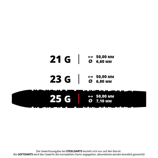 Harrow's Damon Heta Series 3 steel darts Das Bild zeigt drei verschiedene Gewichtsoptionen für Steeldarts: 21 g, 23 g und 25 g, jeweils mit einer Länge von 50,00 mm. Der Durchmesser variiert zwischen 6,60 mm, 6,80 mm und 7,10 mm.