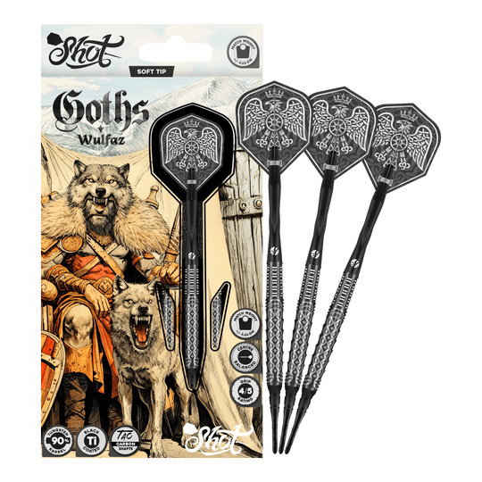 Shot Goths Wulfaz soft darts - 20g Abgebildet sind die Shot Goths Wulfaz Softdarts - 20g in einer Gesamtansicht. Sie sind perfekt für Softdartspieler geeignet.