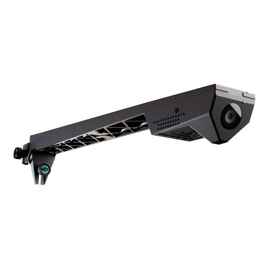 Target VIRT Camera Das Bild zeigt die Produktkamera "Target VIRT Kamera" mit modernem, kantigem Design. Sie ist an einer Halterung befestigt und wirkt sehr technologisch und robust.