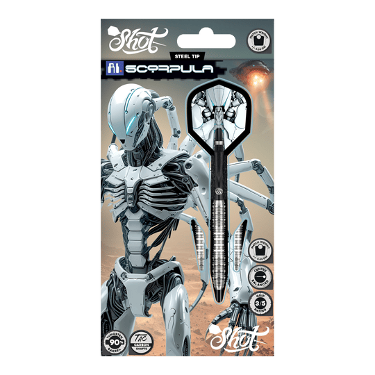 Shot AI Scorpula Steeldarts Das Bild zeigt die Shot AI Scorpula Steeldarts. Die Darts haben ein modernes und auffälliges Design.