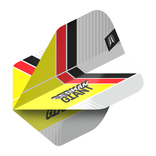 Target Pro Ultra Gabriel Clemens No2 Standard Flights - 3 Sets Das Bild zeigt einen Dartflight mit dem Design "German Giant" in gelb, schwarz, rot und weiß. Es handelt sich um das Produkt "Target Pro Ultra Gabriel Clemens No2 Standard Flights - 3 Sets".