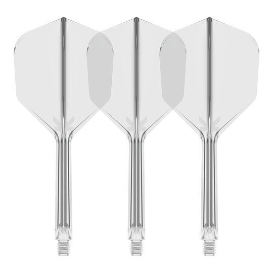 Target K-Flex No6 Flight System - Clear Es ist ein Flight-System abgebildet, vermutlich das Target K-Flex No6 Clear mit 33 mm Länge. Das Bild zeigt ein transparentes Dart-Zubehör.