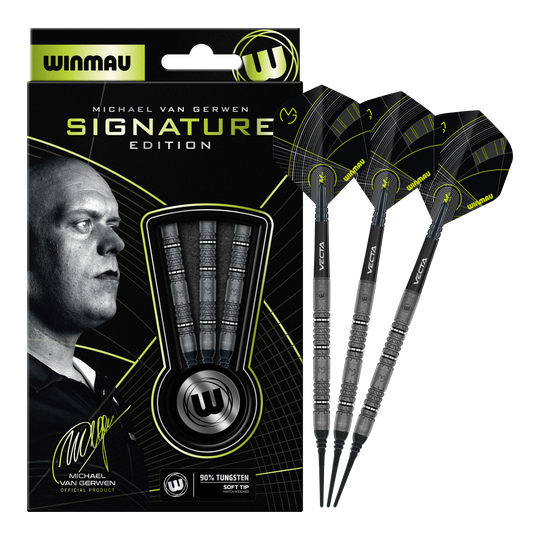 Hier sieht man die Winmau Michael Van Gerwen Signature Edition Softdarts mit 20g. Die vollständige Ansicht der Darts ist dargestellt.