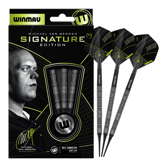 Winmau Michael Van Gerwen Signature Edition Softdarts - 20g Hier sieht man die Winmau Michael Van Gerwen Signature Edition Softdarts mit 20g. Die vollständige Ansicht der Darts ist dargestellt.