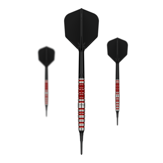 Target Black Marque Spinel Soft Darts - 21.5g Target Black Marque Spinel Softdarts - 21,5g ist ein Softdart-Set für präzises Spiel. Das Bild zeigt alle Komponenten des Sets auf einen Blick.