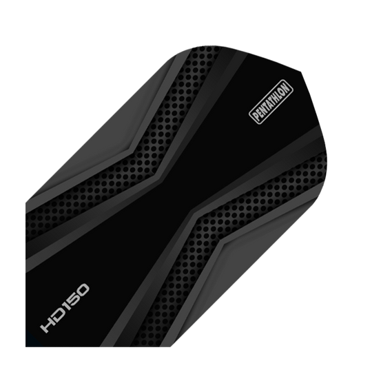 HD-37-HD150-Pentathlon-Grey-Black-Flights Dies ist ein HD 150 Pentathlon Flight in der Farbe Schwarz/Grau und in schlanker Form. Das Design zeigt schwarze und graue Linien mit einem modernen Muster.