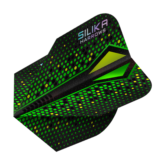 Harrows Silika Colorshift Tough Crystalline Coating Green-X No6 Flights Das Bild zeigt einen grünen Dartflight mit auffälligem Punktmuster und dem Aufdruck „SILIKA HARROWS“. Die Oberfläche hat eine schimmernde, kristallähnliche Beschichtung.