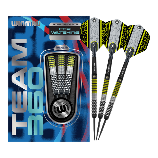 Winmau Team 360 Cori Wiltshire Steel Darts - 24g Das Bild zeigt die Winmau Team 360 Cori Wiltshire Steeldarts mit 24 Gramm. Diese hochwertigen Steeldarts sind für professionelle Dartspieler geeignet.