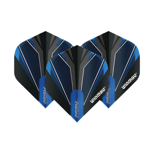 6915-153_Winmau_Prism_Alpha_Blue_Standard_Flights_1t8JGRceeogJn1 Das Bild zeigt drei Winmau Prism Alpha Blue Standard 2 Flights für Dartpfeile. Sie sind in Schwarz und Blau mit markanten Linien und dem Winmau-Logo gestaltet.