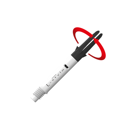 L-L-Style-Shaft Carbon Silent Straight - White Das Bild zeigt einen weißen und schwarzen Dartshaft mit der Aufschrift "L-style". Ein roter Pfeil deutet auf eine Drehbewegung an der oberen schwarzen Spitze des Schafts hin.