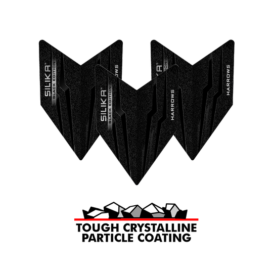 Harrows Silika Black Edition Velos Flights Das Bild zeigt die Harrows Silika Black-Edition Velos Flights in schwarzem Design. Unter den Flights steht der Slogan "Tough Crystalline Particle Coating" mit einer Grafik von Kristallen.