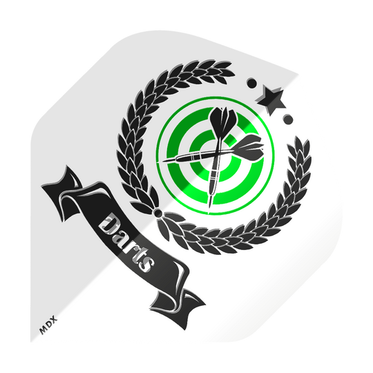 MD-650_2-Seitig_Bedruckte_Clear_Flights_Logo_oder_Bilddruck_2 Das Bild zeigt einen bedruckten Flightsatz für Darts mit einem Lorbeerkranz, einer Zielscheibe und zwei Dartpfeilen in der Mitte. Unten steht das Wort "Darts" auf einem schwarzen Banner, und oben ist ein schwarzer Stern abgebildet.