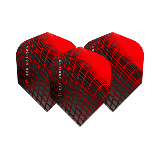 HR69_Harrows_Prime_Red_Horizon_No6_Flights_1D10FxMoagcznt Das Bild zeigt drei Harrows Prime Red Horizon No6 Flights mit einem auffälligen roten und schwarzen Gitterdesign. Auf den Flights steht der Schriftzug "Red Horizon" seitlich geschrieben.