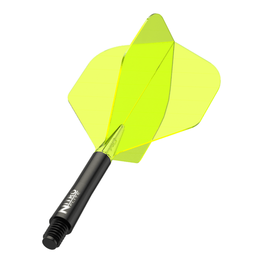 Red Dragon Nitroflite - Black Shaft Yellow No2 Flights Das Bild zeigt einen Dartpfeil mit einem schwarzen Schaft und leuchtend gelben Flights. Auf dem Schaft steht der Schriftzug "Nitro Flite".