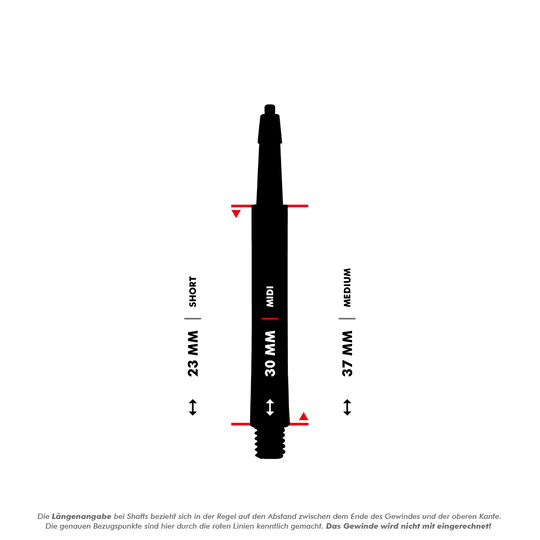 Das Bild zeigt die Harrows Clic Standard Shafts in Schwarz mit drei Längenoptionen: Short (23 mm), Midi (30 mm) und Medium (37 mm). Die Längen werden zwischen den roten Linien gemessen, das Gewinde ist nicht mit eingerechnet.
