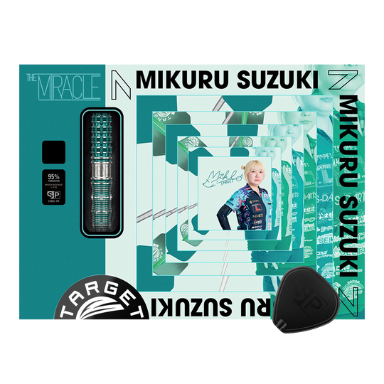Hier sieht man Target Japan Mikuru Suzuki The Miracle GEN7 Swiss Point Steeldarts - 23g. Die Steeldarts beeindrucken durch ihre Form und Verarbeitung.