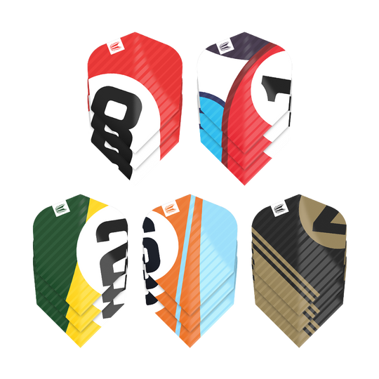 337206_Target_ProUltra_5Sets_Multipack_Chicane_Ten-X_Flights_1 Das Bild zeigt fünf verschiedenfarbige Dart-Flights aus dem "Target Pro Ultra Chicane Multipack Ten-X Flights - 5 Sets". Jeder Flight hat ein einzigartiges Design mit auffälligen Farben und Zahlen.